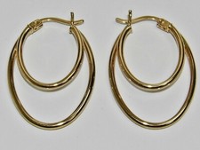 9CT YELLOW GOLD & SILVER LADIES DOUBLE OVAL HOOP CREOLE EARRINGS