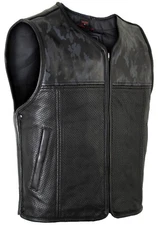 Mens Biker Black Camo Leather Coat Leather Vest Motorcycle Custom Coat Perforated