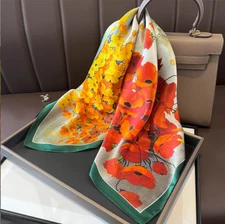 100% Silk Mulberry 26" square Scarf Women neckerchief Wrap floral changf16