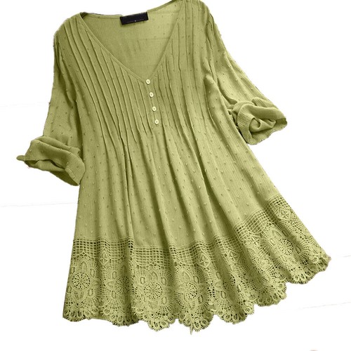 T-Shirts Tunika Pullover Tops Bluse T-Shirt Baumwolle Damen Leinen 3/4 Arm Spitze Boho - Bild 5 von 22