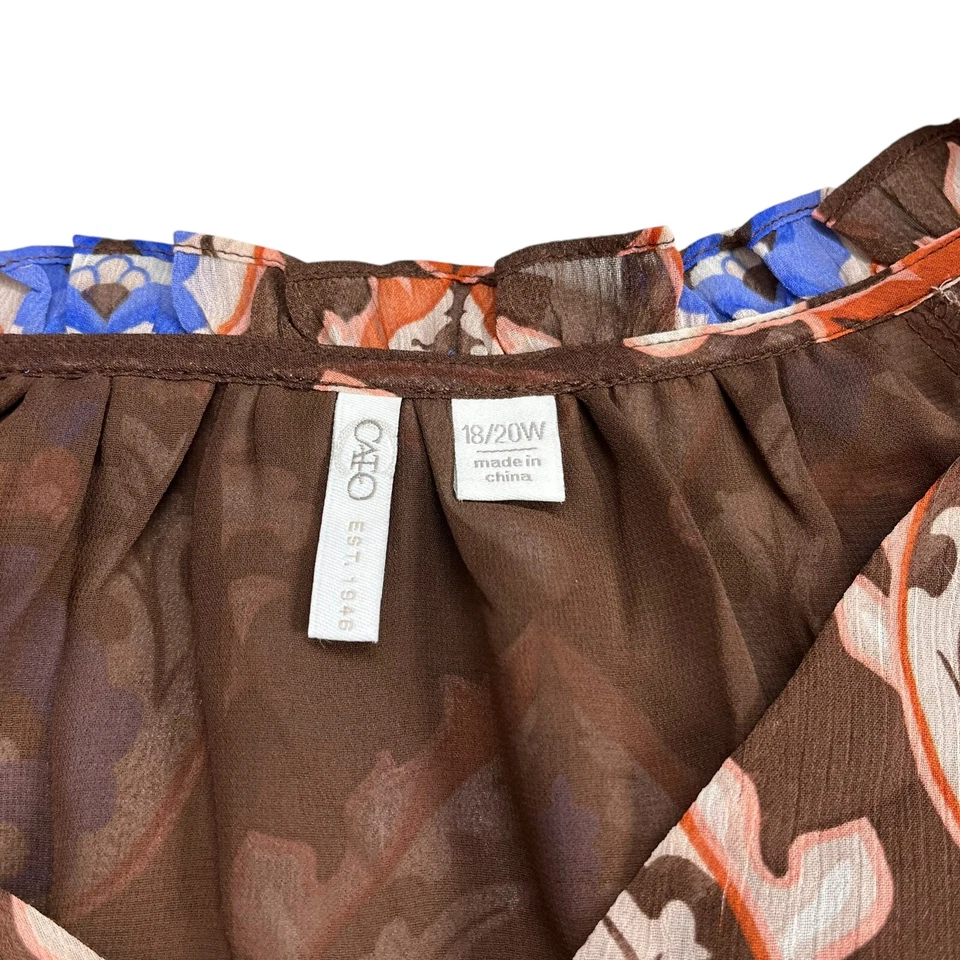 Cato Women's Brown Floral Blouse Top Size 18/20W Long Sleeve V-Neck Classic Fit — 第 4/4 张图片