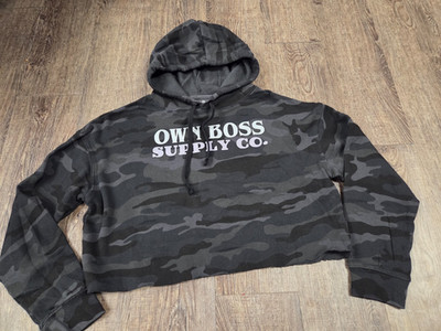OWN BOSS SUPPLY CO Camo Gray Black Cropped Hoodie Sweatshirt Small