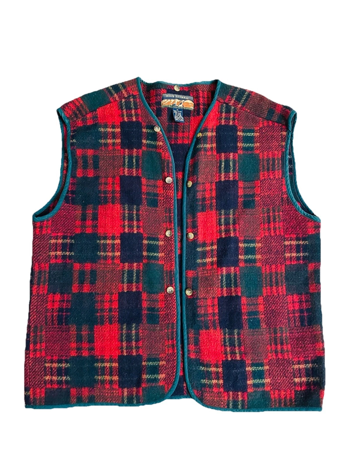 Vtg High Sierra Vest Mens XL Red Tartan Plaid Wool blend Button Up