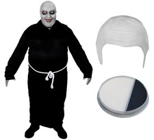 BLACK ROBE WHITE BALD CAP FACE PAINT Uncle Fester HALLOWEEN FANCY DRESS COSTUME