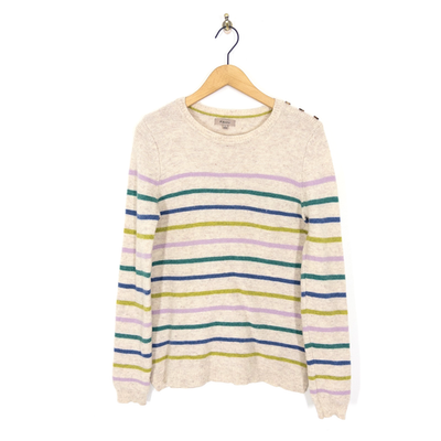 #ad #ad Kew Wool Stripe Jumper Size L 14 Beige Multi Buttoned Shoulder Knit GBP 25.00