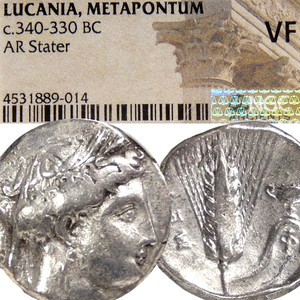 DEMETER/Grain Ear, Krater. Metapontum, Lucania. NGC Certified VF. Silver Coin