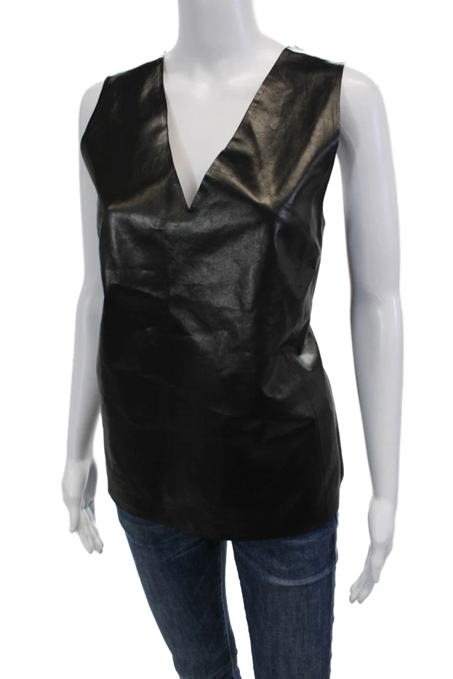 Camiseta sin mangas Vince de cuero de cordero con cuello en V negra para mujer talla 12 Foto 2 de 4