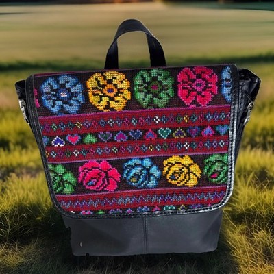 VTG Cuero Original Leather Backpack with Colorfully Embroidered Flap 12x12x5 