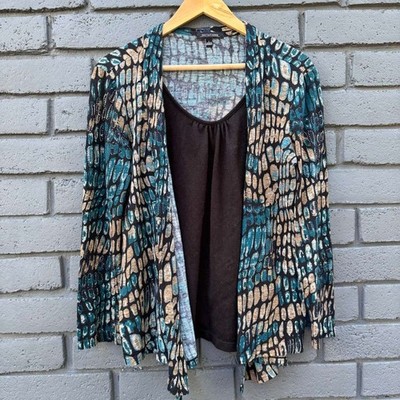 Notations Teal Black Cardigan Sweater with Attached Tank Women Shawl collar Off