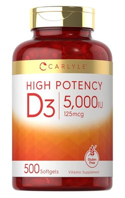 Vitamin D3 5000IU | 500 Softgels | Value Size, Non-GMO, Gluten Free | by Carlyle