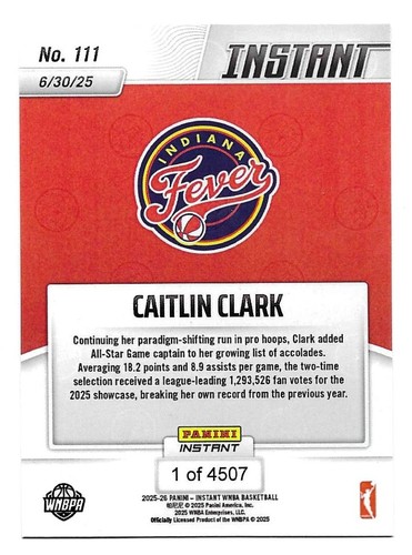 Caitlin Clark 2025 Panini Instant #111 SP /4507 Indiana Fever All-Star Starter - Picture 2 of 2