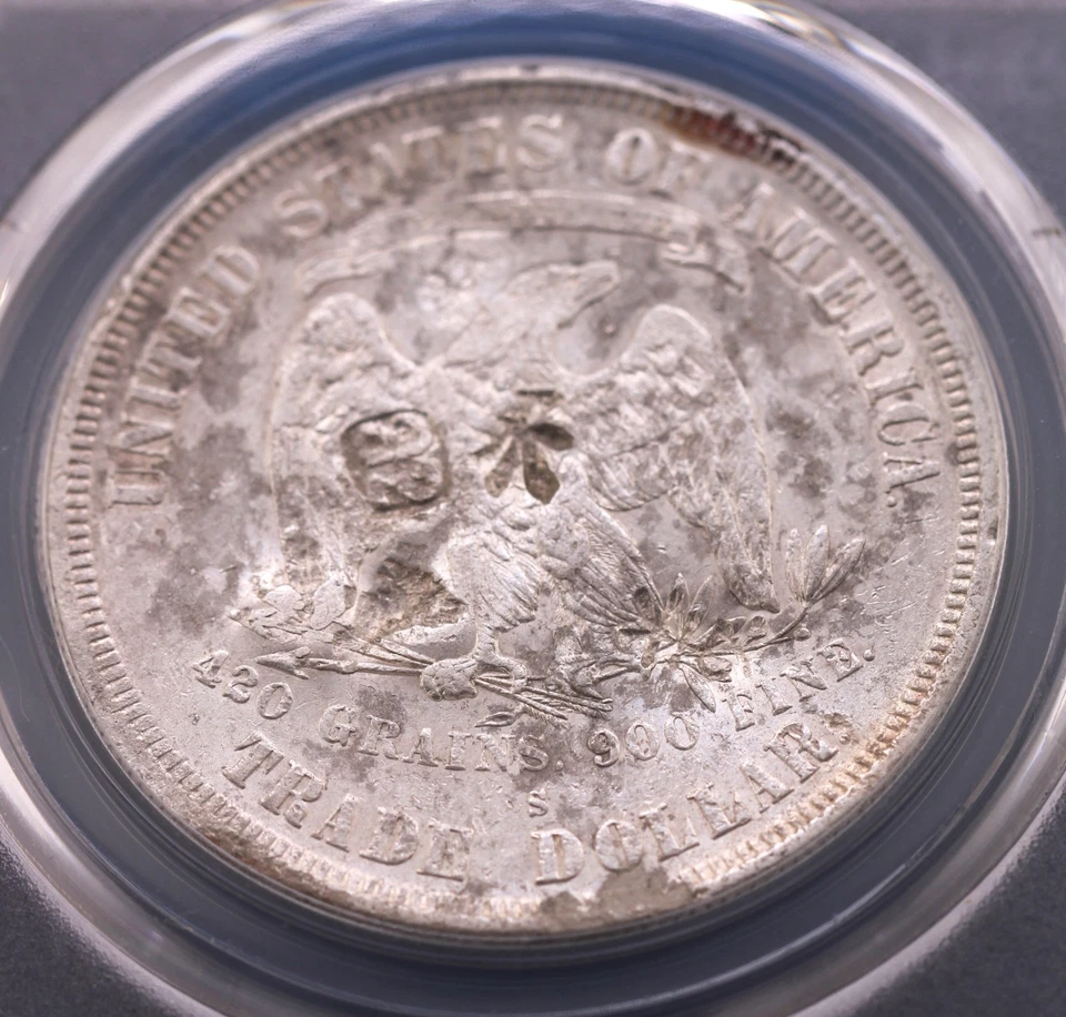 1877-S U. S. Trade Dollar $1 PCGS XF 45  (12+ Distinct Chinese "Chop" Marks! ) - Image 2 of 4