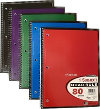 Set Of 5 QUAD Ruled Notebook 80 Sheets Per Book Total 400 Sheets Assorted Colors