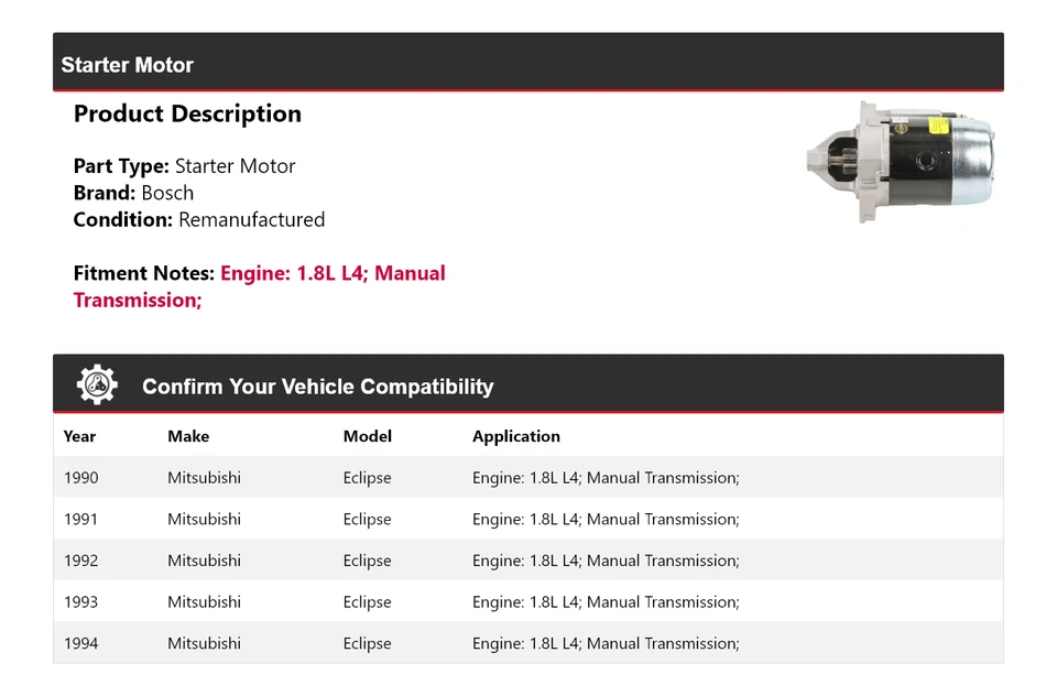 Arranque Bosch 1,8 L L4 1990-1994 Mitsubishi Eclipse (remanufacturado) 1991 Foto 2 de 4