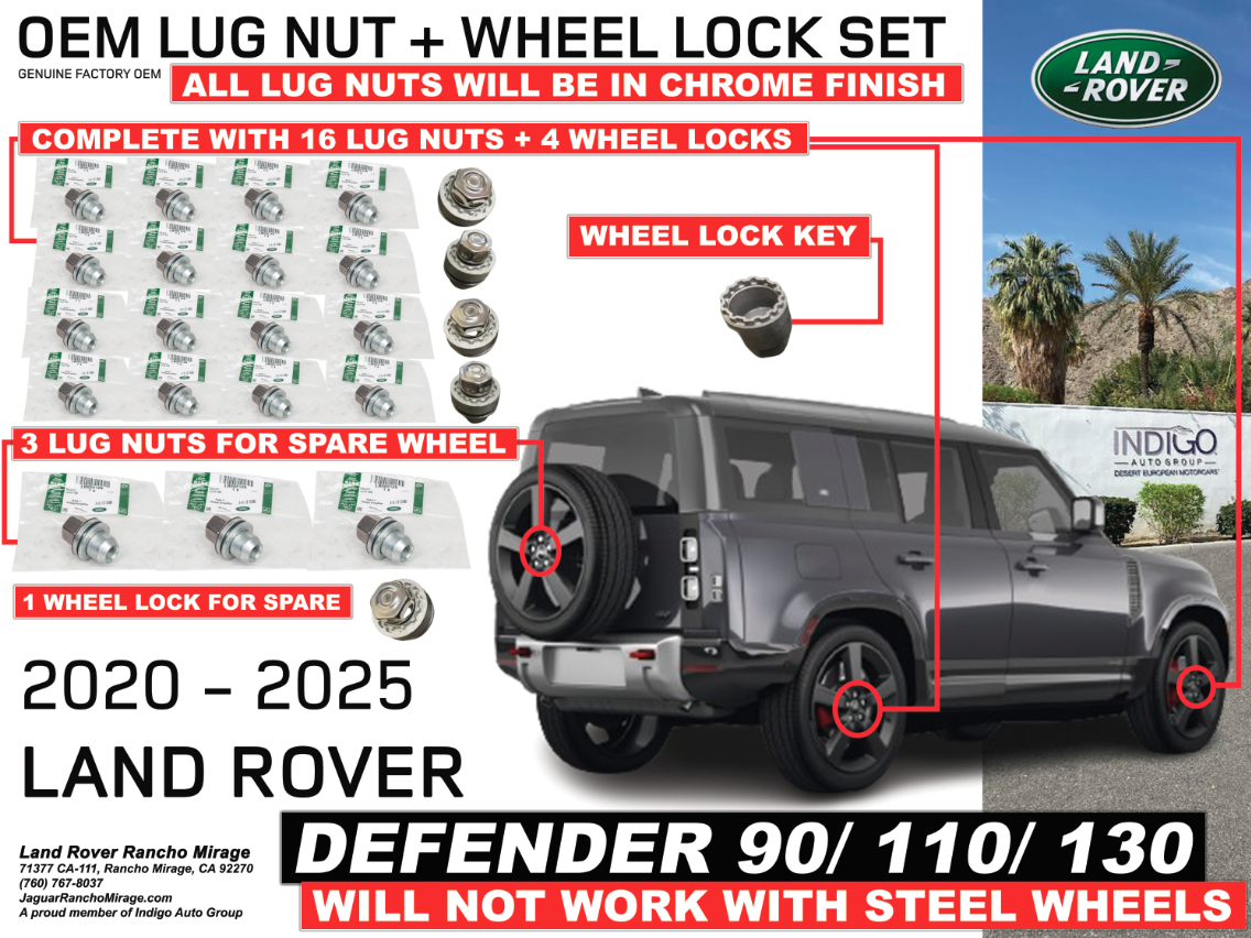 Defender Lug Key 2020-2025 Land Rover Defender 90/110/130 OEM Lug Nuts + Wheel Lock Set ...