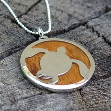 Hawaii Jewelry Koa Wood Honu Turtle Silver Rhodium Plated Brass Pendant BRP1015