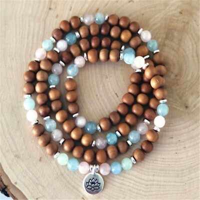 Sandalwood Pink quartz 108 Bead Lotus Chakra Bracelet Yoga Energy cuff men mala