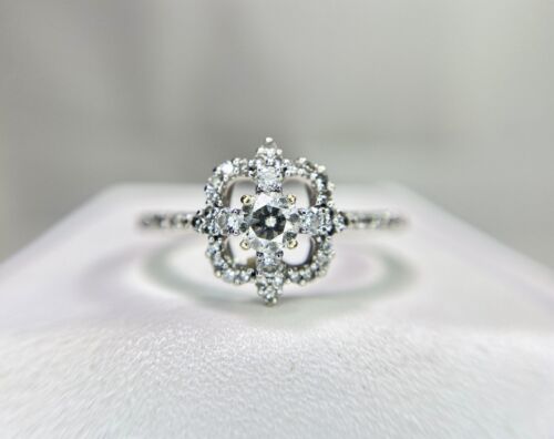 10k Białe złoto Designerski naturalny okrągły brylantowy pierścionek z halo - Zdjęcie 1 z 6