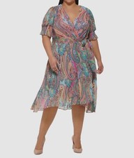 Tommy Hilfiger Women's Pink Paisley Surplice Self-Tie Dress Plus Size 16W