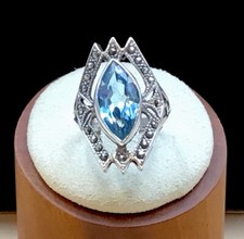 Sterling Silver Blue Topaz Marcasite Ring 5.9 Grams Size 6.75