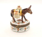 New French Limoges Trinket Box Cute Donkey Animal w Bags on Beautiful Floral Box