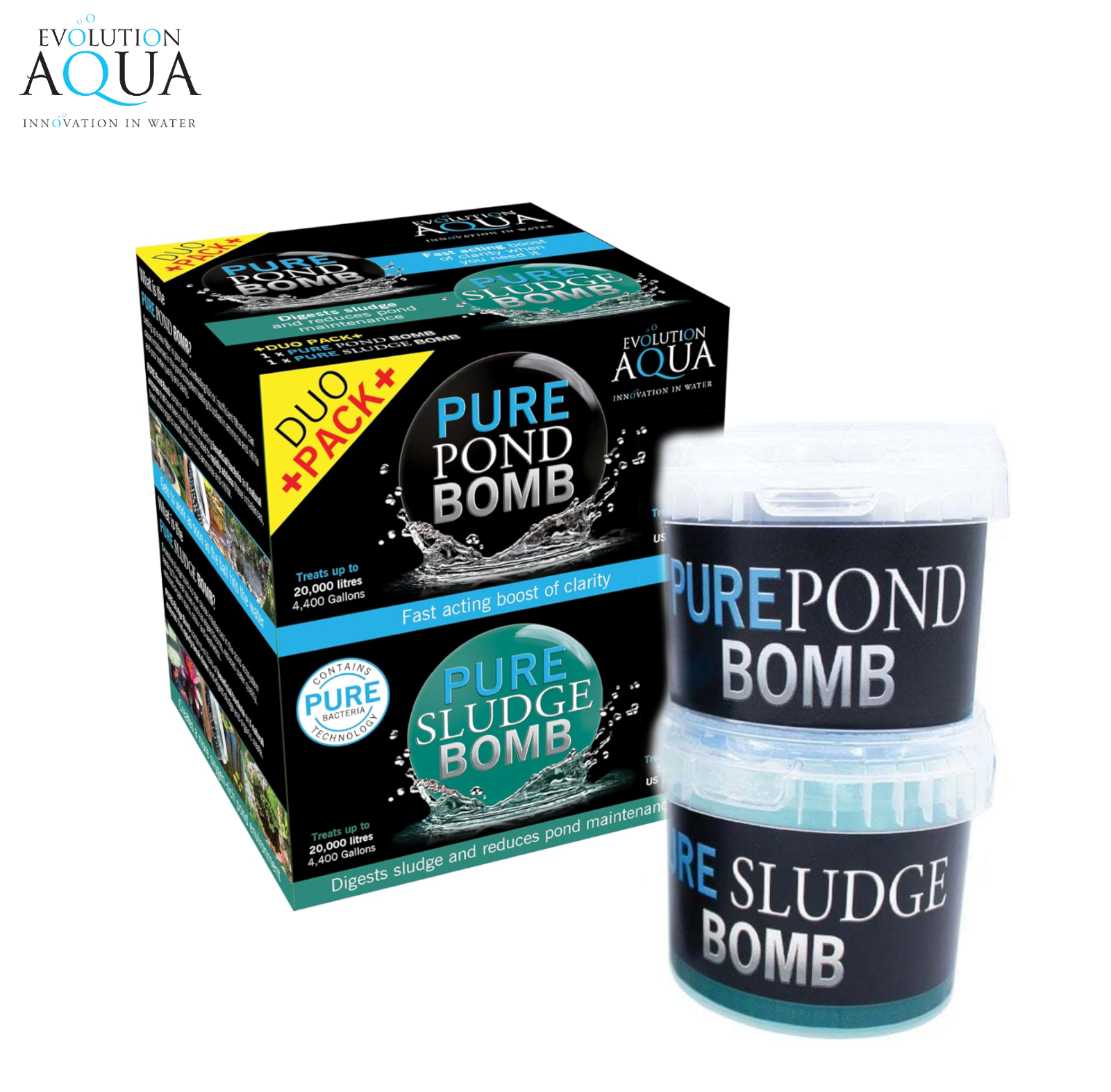 EVOLUTION AQUA DUO PACK PURE SLUDGE & POND BOMB WATER TREATMENT GARDEN POND