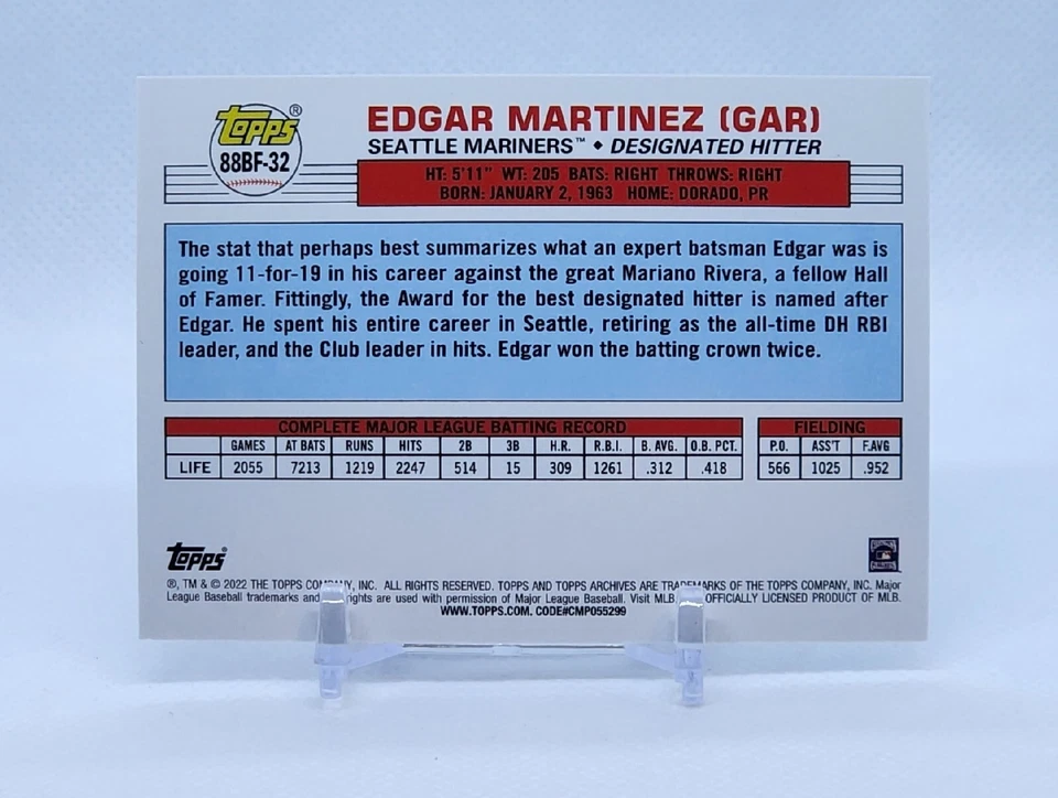 2022 Topps Archives EDGAR MARTINEZ Sky Blue Big Foil Parallel MARINERS #88BF-32 - Image 2 of 2