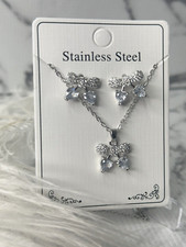 Stainless Steel Silver Elegant Bow Earring And Necklace Set