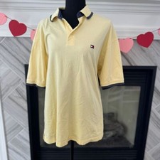 Tommy Hilfiger Classic Polo Shirt Pale Yellow Navy Collar Casual Cotton L