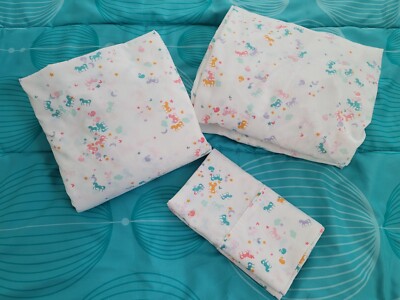 The Big One UNICORNS Twin 3 PIECE Sheet Set FLAT Fitted PILLOWCASE ~ Has STAIN ~