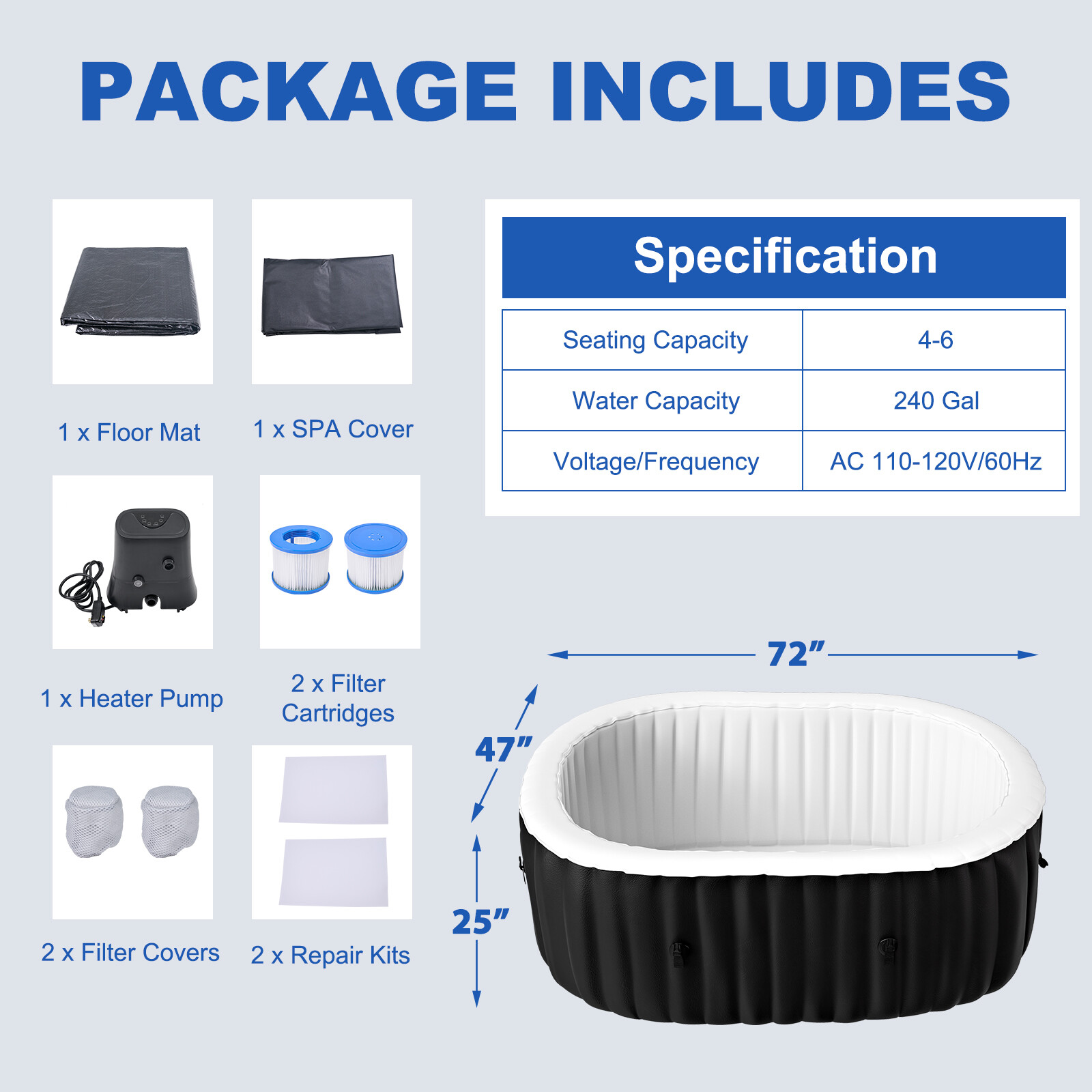 H&ZT 2 Person Inflatable Hot Tub w/Table Leak-Proof PVC Outdoor Spa 100 ...