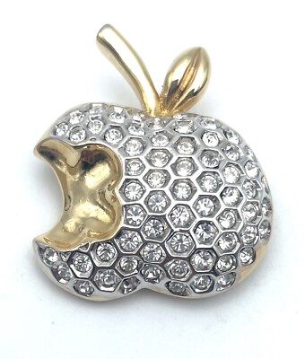 Bitten Apple Clear Crystal Brooch Gold Tone 1.5  Apple With Bite