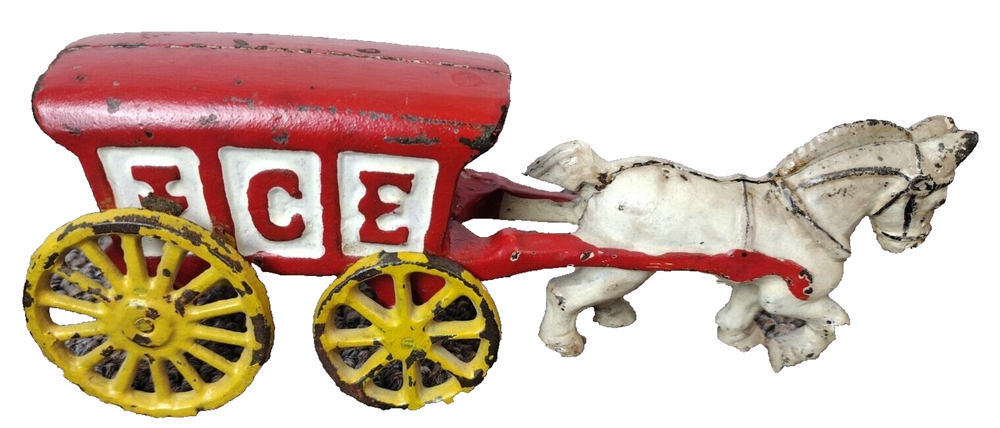 Antique Cast Iron Toy Horse & ICE Wagon 7.5