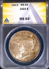 1922 Silver $1 Peace Dollar MS 63 ANACS # 7695870 Tone Both Sides + Bonus