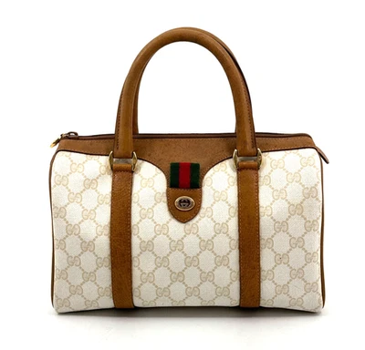 Vintage GUCCI Mini Boston Bag GG Sherry Line PVC Ivory Hangbag Authentique - Photo 1/4