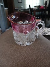 Pressed Glass Cranberry & Clear Bent Buckle  New Hampshire Creamer Pitcher 