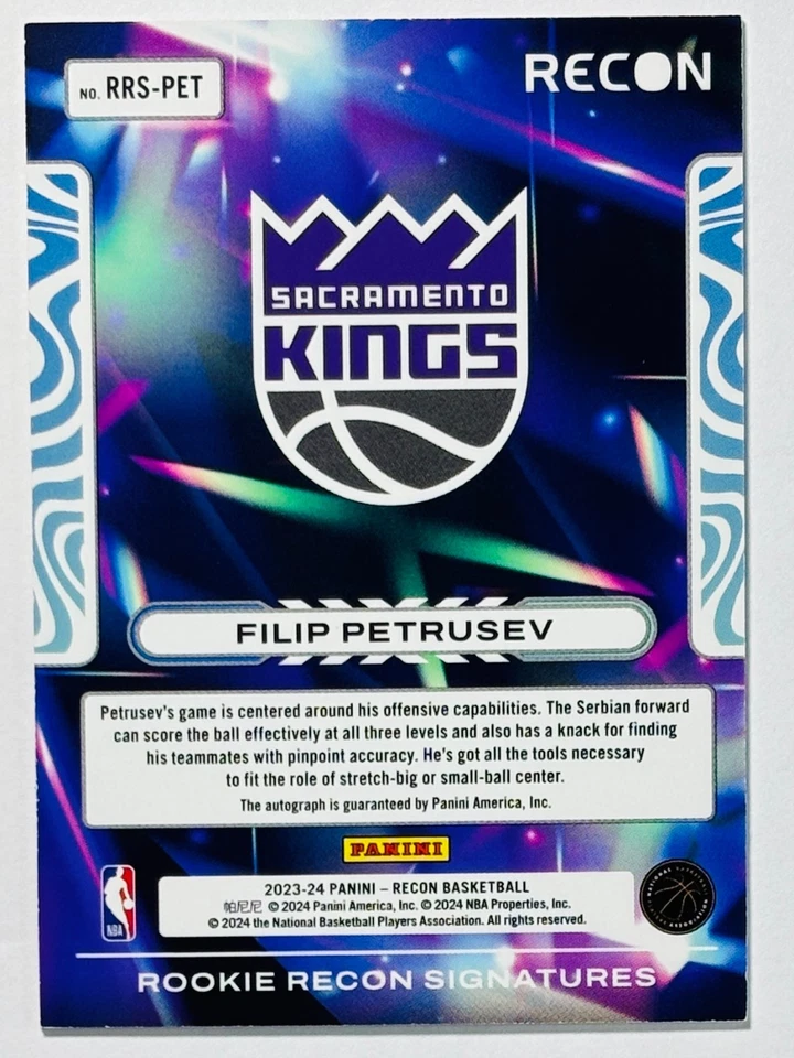 2023-24 Recon Basketball Filip Petrusev Rookie Recon Purple RC Auto /49 Kings - Image 2 of 2
