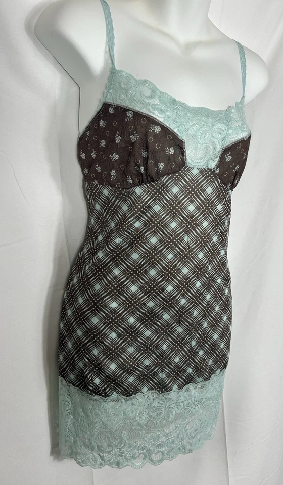 Vestido sin mangas Babydoll largo con ribete de encaje Y2K Preppy delicado marrón a cuadros hada grunge XL Foto 3 de 4