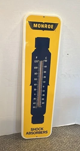 Vintage Monroe Shock Absorbers Thermometer Tin Metal Sign Garage Man Cave 26.5”
