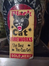 Vintage Rare Black Cat Fireworks Porcelain Enamel Sign