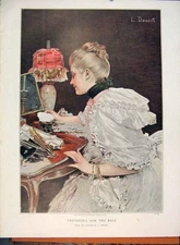 Original Old Antique Print Portrait Ball Lady Preparing Doucet Fine Art 1891
