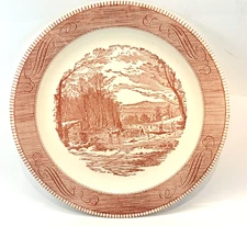 Royal China Currier Ives Pink Chop Plate "Winter in the Country" "Getting Ice"