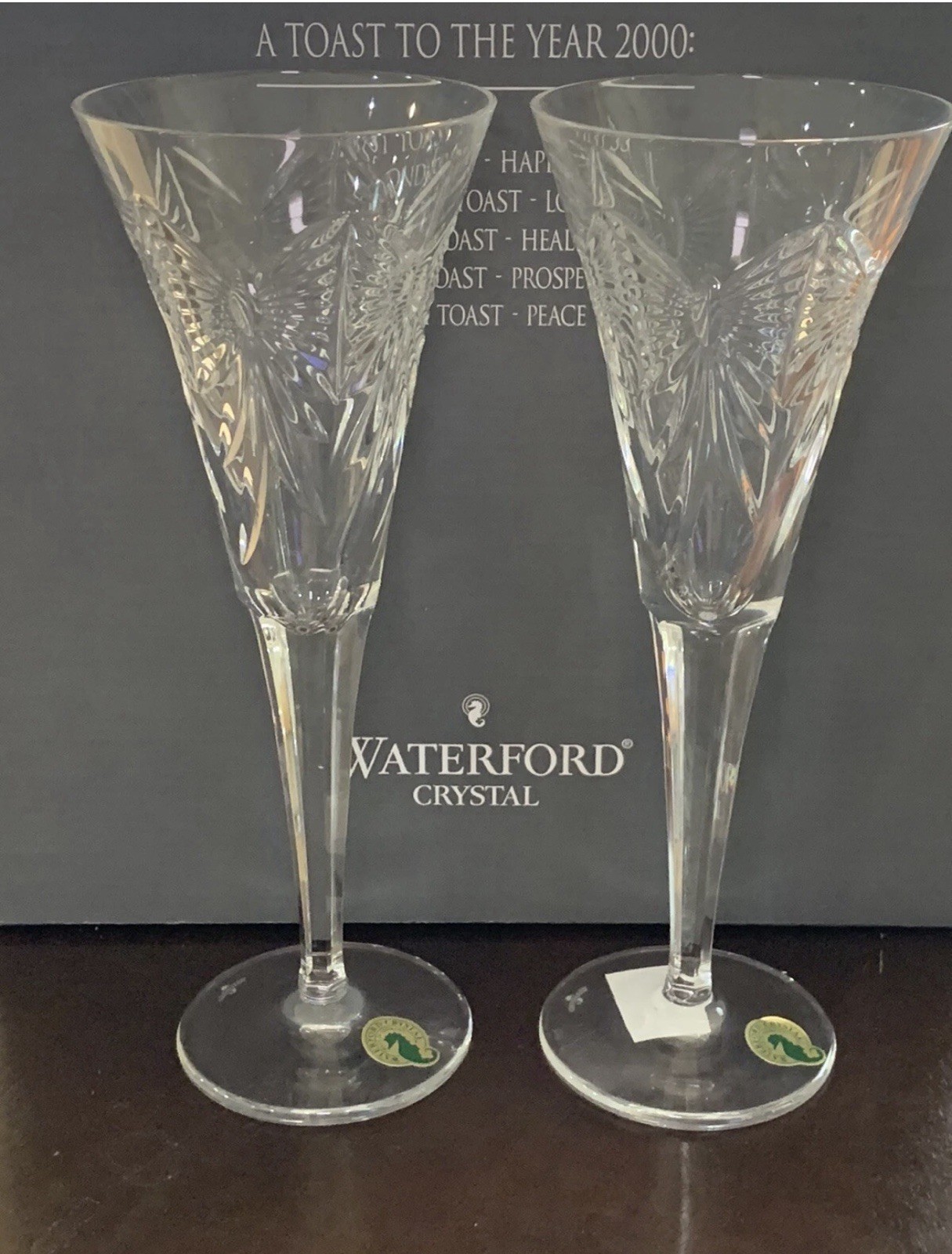 Waterford Crystal Millennium Happiness 1st Toasting Champagne Flutes Pair