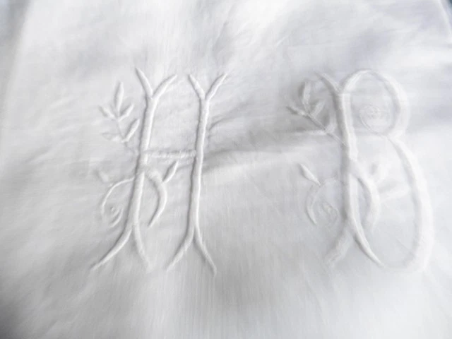 ANCIEN DRAP LIN BLANC"HB"COUTURE CENTRALE OURLETS MAIN 200X290"1900" - Photo 3/4