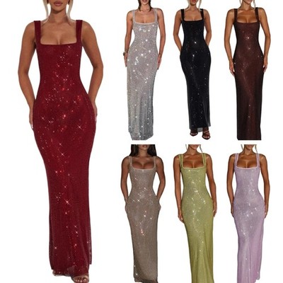 Women Glittering Rhinestones Backless Evening Dress Slim Fit Design Party Attire