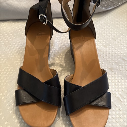 UGG Eugenia Black Leather Wedge Sandals Ankle Strap Women’s US 10 EU 41