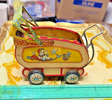 OLD VINTAGE TIN LITHO JAPAN CUTE BABY DOLL FRICTION CARRIAGE BUGGY TOY