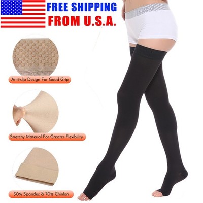 Thigh High Open Toe Compression Stockings with Silicone Band for Swollen Legs