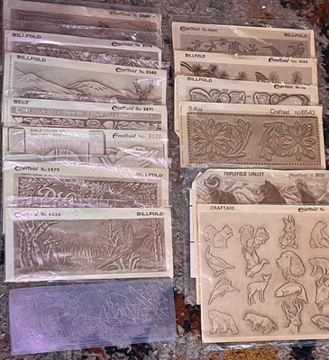 vintage craftaid leather carving template lot of 15 wallets, belt, animals