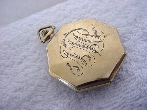 Vintage GOLD FD large antique pre 1920 Art Deco 8-Sided ELGIN RUBY pocket watch
